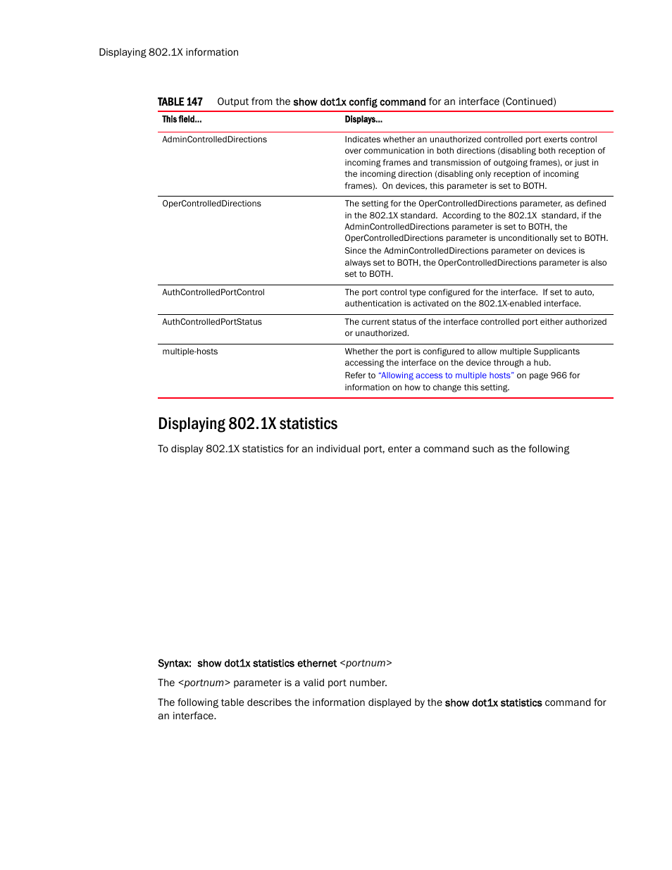 Displaying 802.1x statistics | Brocade TurboIron 24X Series Configuration Guide User Manual | Page 1006 / 1116