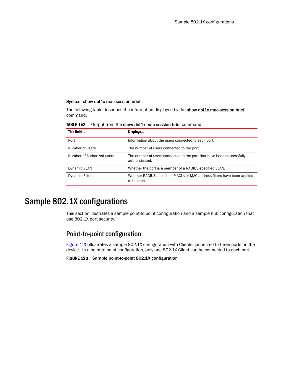 Sample 802.1x configurations, Point-to-point configuration | Brocade TurboIron 24X Series Configuration Guide User Manual | Page 1013 / 1116