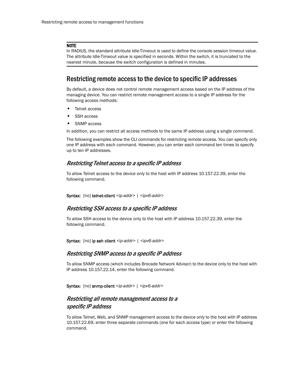 Restricting telnet access to a specific ip address, Restricting ssh access to a specific ip address, Restricting snmp access to a specific ip address | Brocade TurboIron 24X Series Configuration Guide User Manual | Page 102 / 1116