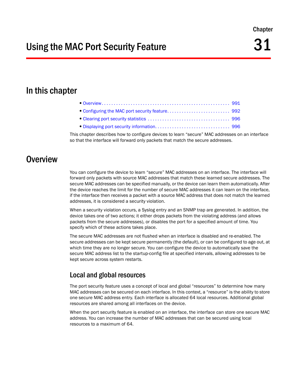Using the mac port security feature, Overview, Local and global resources | Chapter 31 | Brocade TurboIron 24X Series Configuration Guide User Manual | Page 1025 / 1116