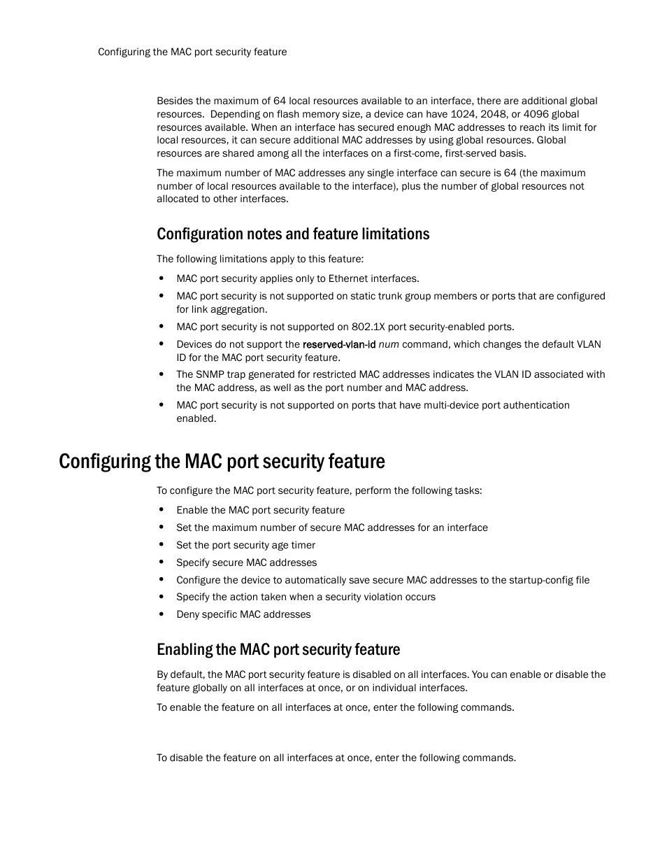 Configuration notes and feature limitations, Configuring the mac port security feature, Enabling the mac port security feature | Brocade TurboIron 24X Series Configuration Guide User Manual | Page 1026 / 1116