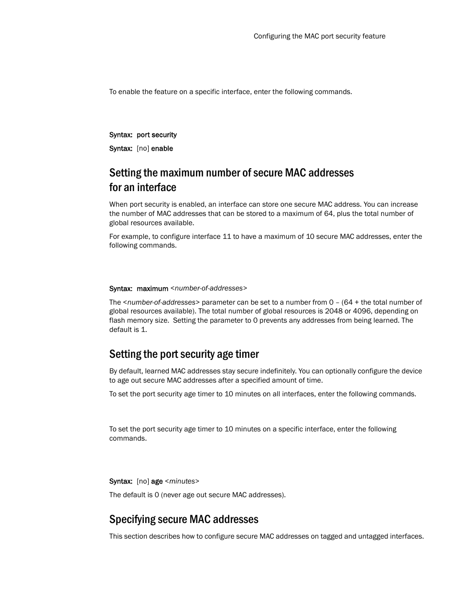 Setting the port security age timer, Specifying secure mac addresses | Brocade TurboIron 24X Series Configuration Guide User Manual | Page 1027 / 1116