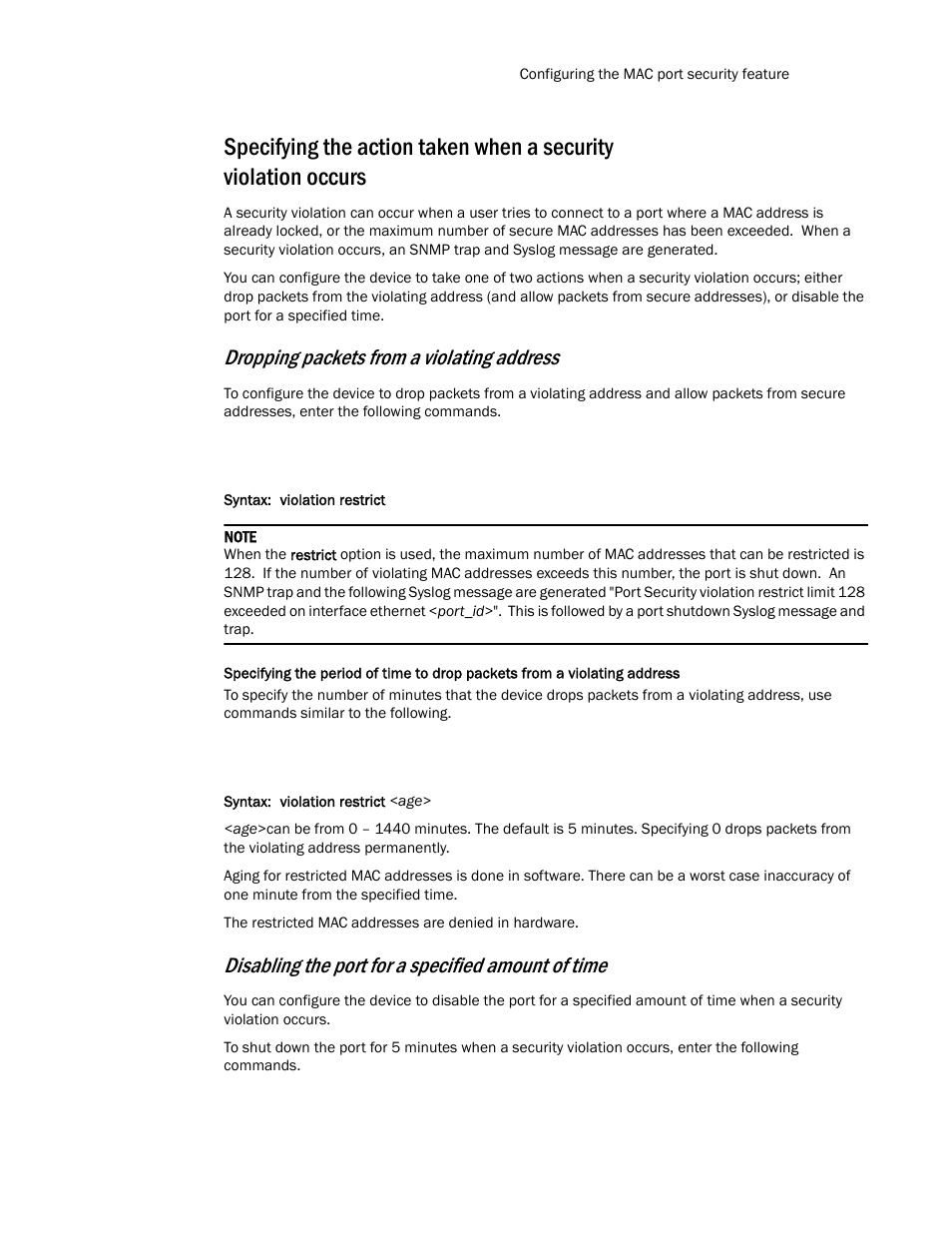 Dropping packets from a violating address, Disabling the port for a specified amount of time | Brocade TurboIron 24X Series Configuration Guide User Manual | Page 1029 / 1116