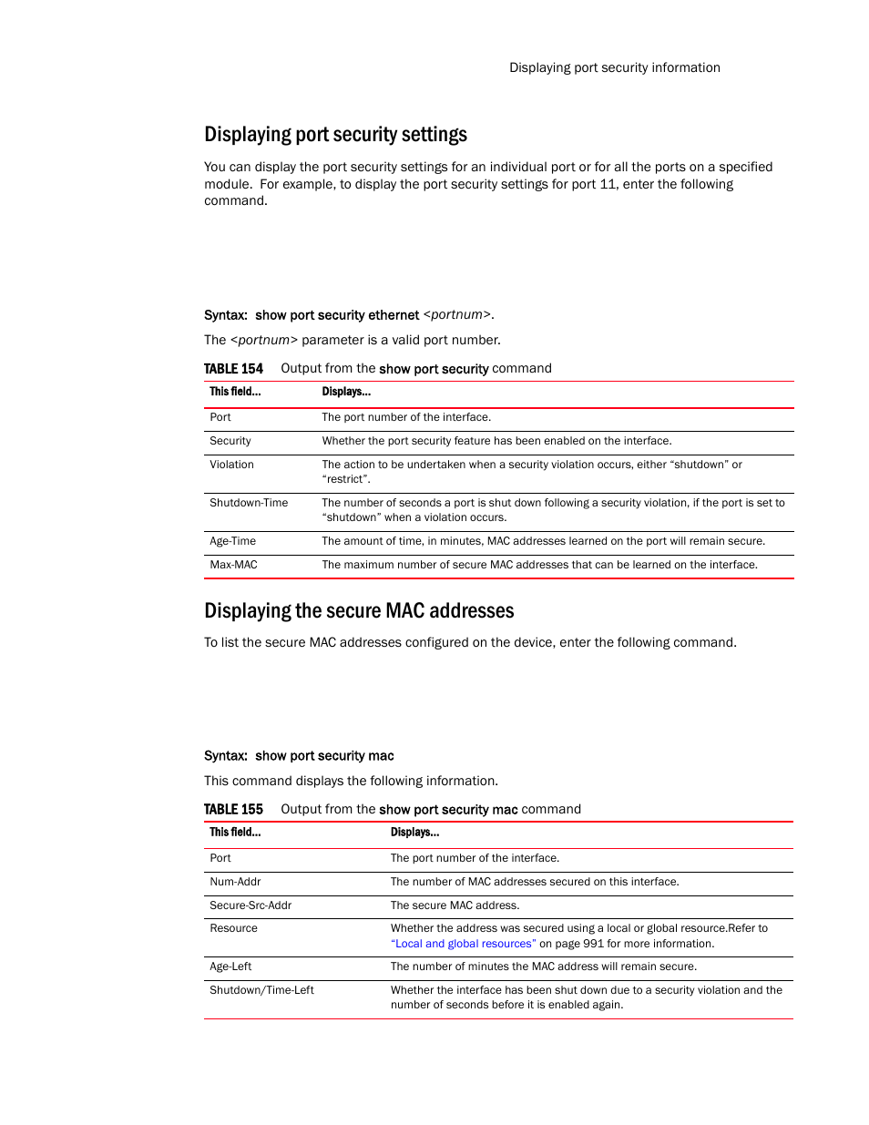 Displaying port security settings, Displaying the secure mac addresses | Brocade TurboIron 24X Series Configuration Guide User Manual | Page 1031 / 1116