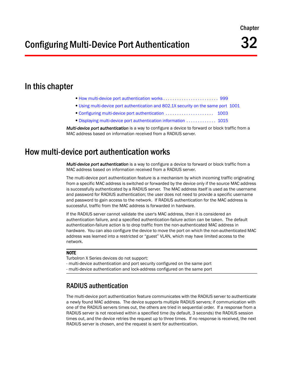 Configuring multi-device port authentication, How multi-device port authentication works, Radius authentication | Chapter 32 | Brocade TurboIron 24X Series Configuration Guide User Manual | Page 1033 / 1116