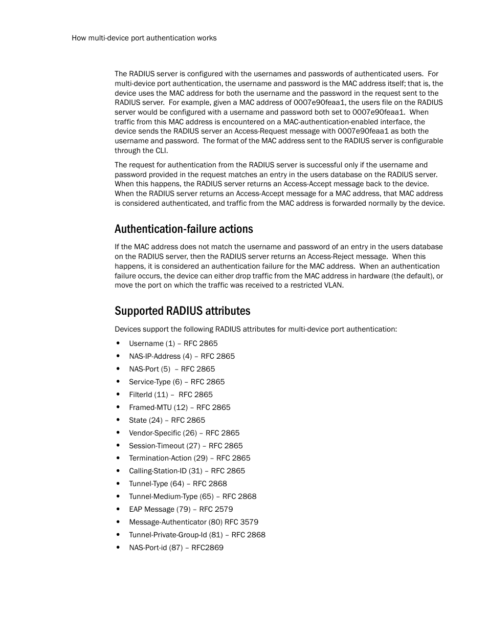 Authentication-failure actions, Supported radius attributes | Brocade TurboIron 24X Series Configuration Guide User Manual | Page 1034 / 1116
