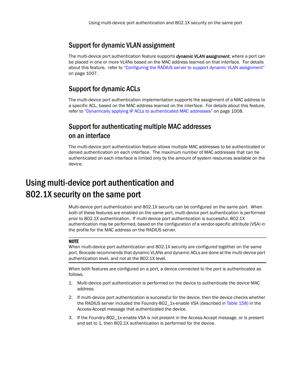 Support for dynamic vlan assignment, Support for dynamic acls | Brocade TurboIron 24X Series Configuration Guide User Manual | Page 1035 / 1116