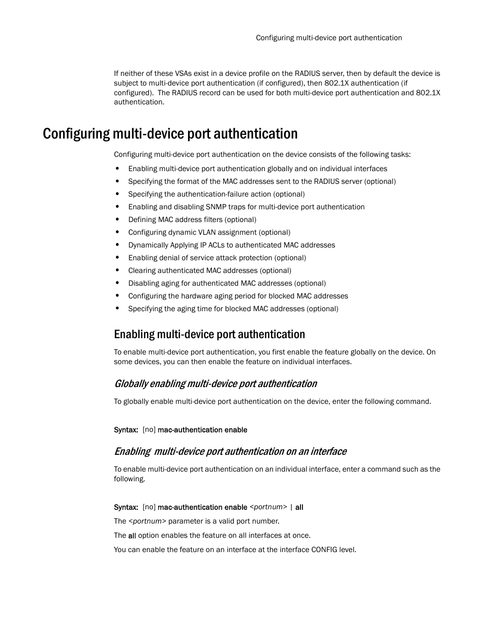 Configuring multi-device port authentication, Enabling multi-device port authentication, Configuring multi-device port authentication 3 | Globally enabling multi-device port authentication | Brocade TurboIron 24X Series Configuration Guide User Manual | Page 1037 / 1116