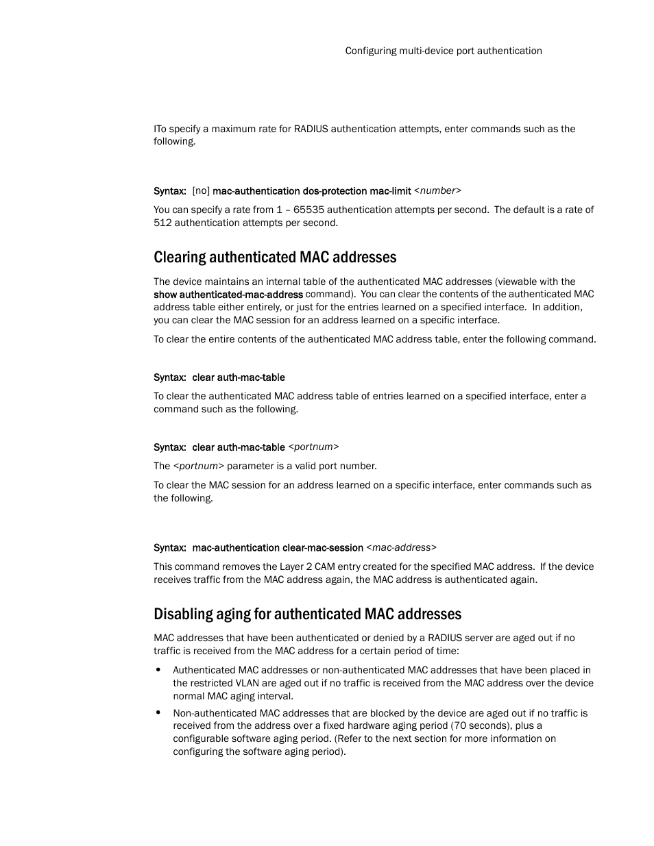 Clearing authenticated mac addresses, Disabling aging for authenticated mac addresses | Brocade TurboIron 24X Series Configuration Guide User Manual | Page 1045 / 1116