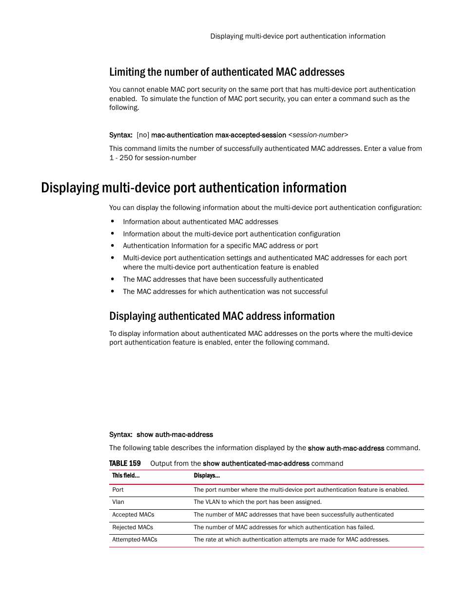 Limiting the number of authenticated mac addresses, Displaying authenticated mac address information | Brocade TurboIron 24X Series Configuration Guide User Manual | Page 1049 / 1116