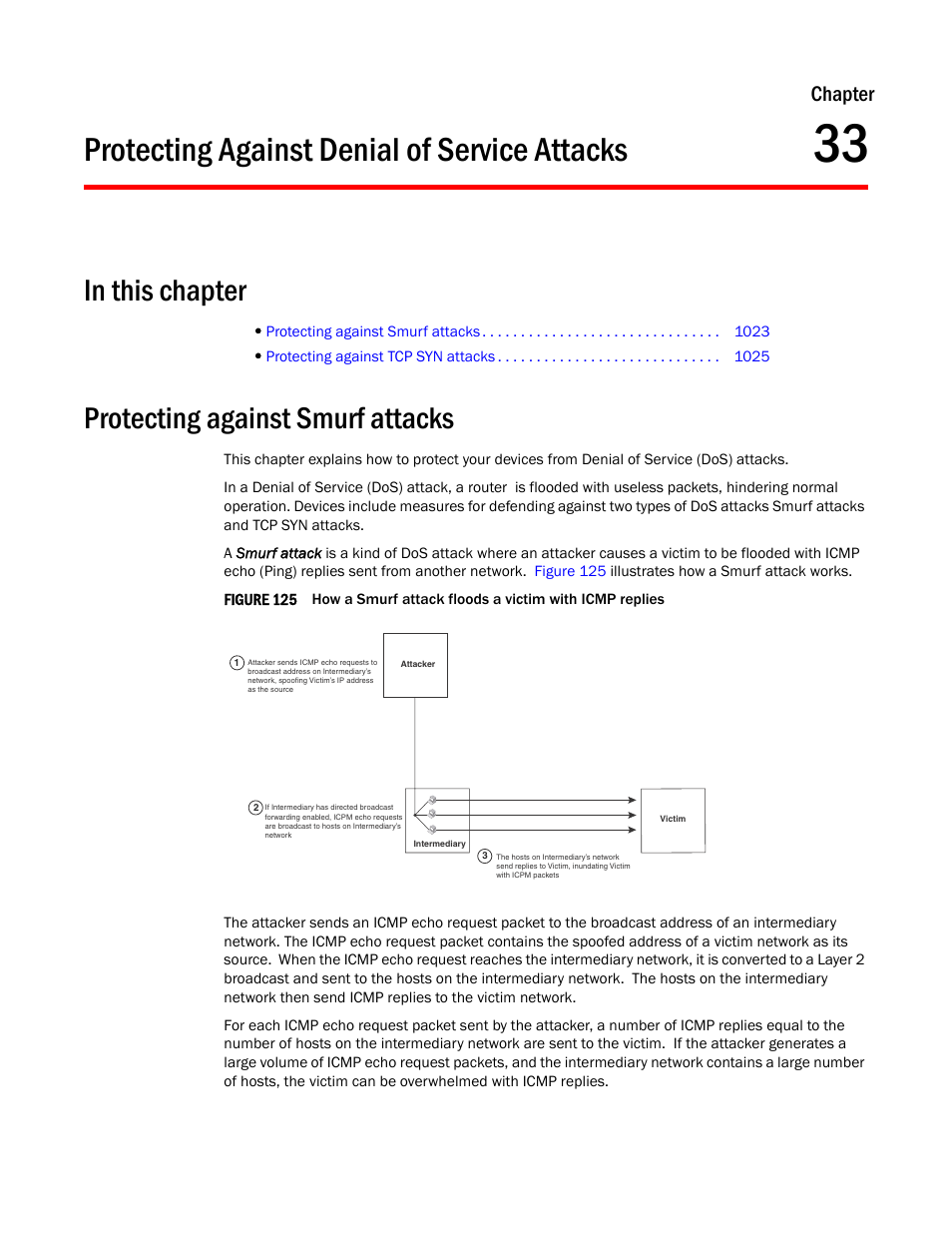 Protecting against denial of service attacks, Protecting against smurf attacks, Chapter 33 | Chapter | Brocade TurboIron 24X Series Configuration Guide User Manual | Page 1057 / 1116