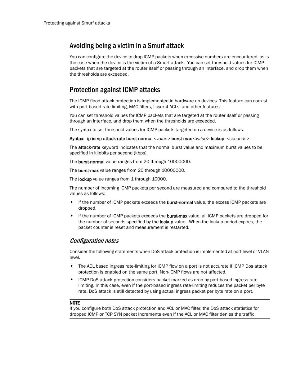 Avoiding being a victim in a smurf attack, Protection against icmp attacks | Brocade TurboIron 24X Series Configuration Guide User Manual | Page 1058 / 1116