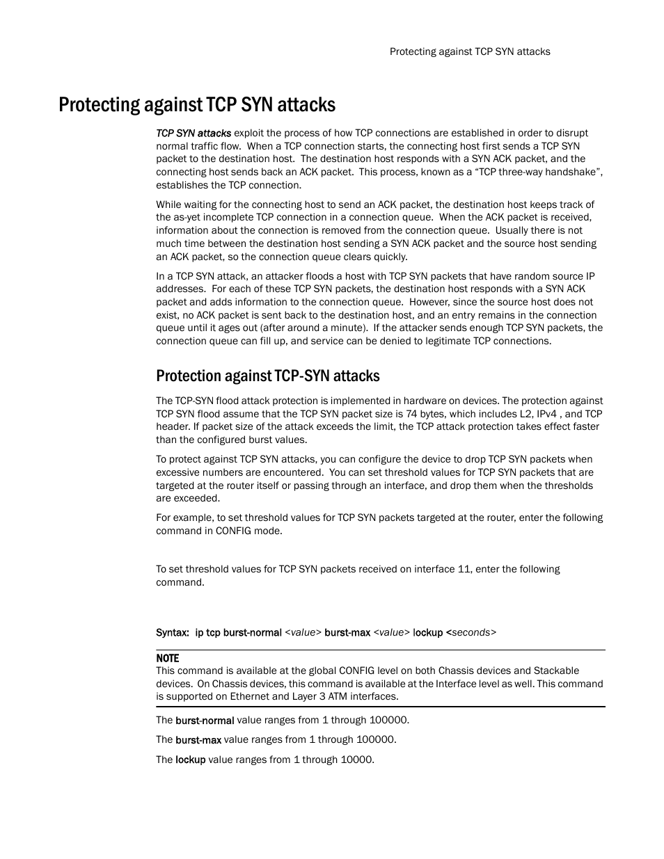 Protecting against tcp syn attacks, Protection against tcp-syn attacks, Protecting against tcp syn attacks 5 | Brocade TurboIron 24X Series Configuration Guide User Manual | Page 1059 / 1116