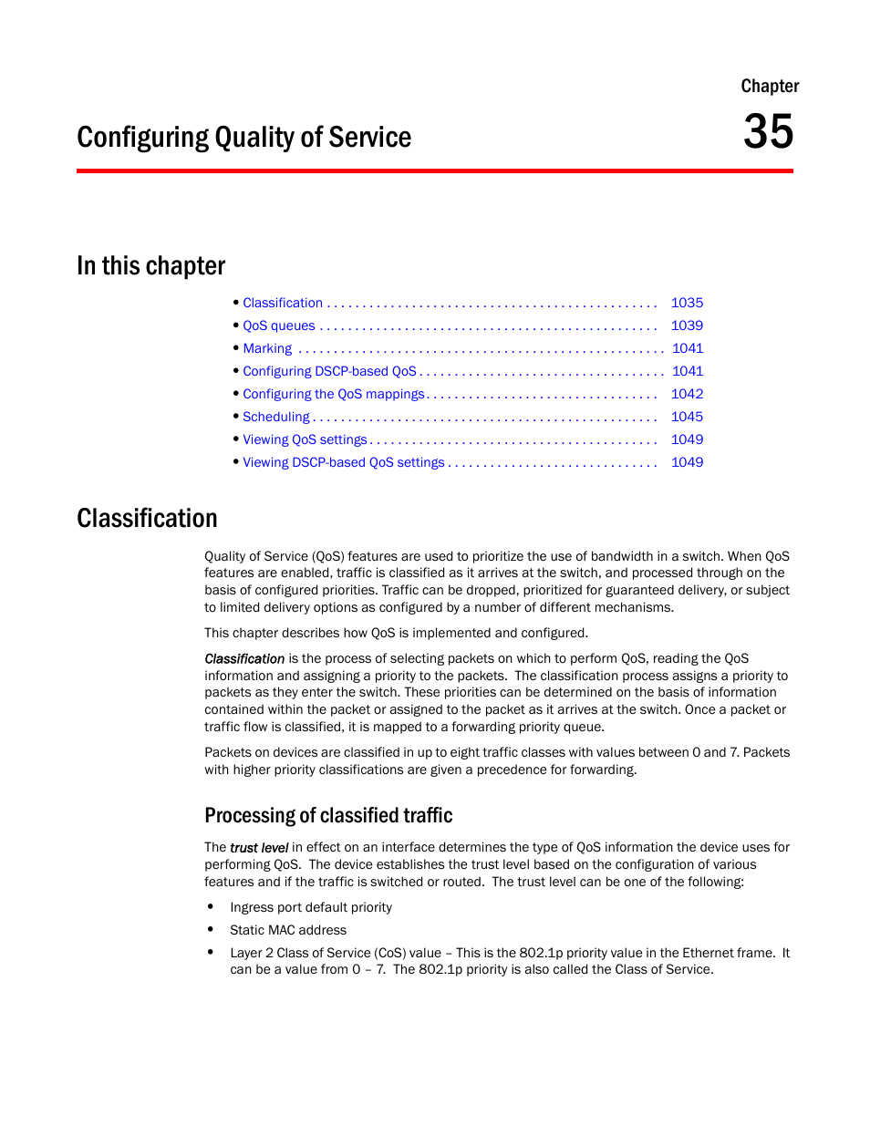 Configuring quality of service, Classification, Processing of classified traffic | Chapter 35, Chapter 35, “configuring, Quality of service | Brocade TurboIron 24X Series Configuration Guide User Manual | Page 1069 / 1116