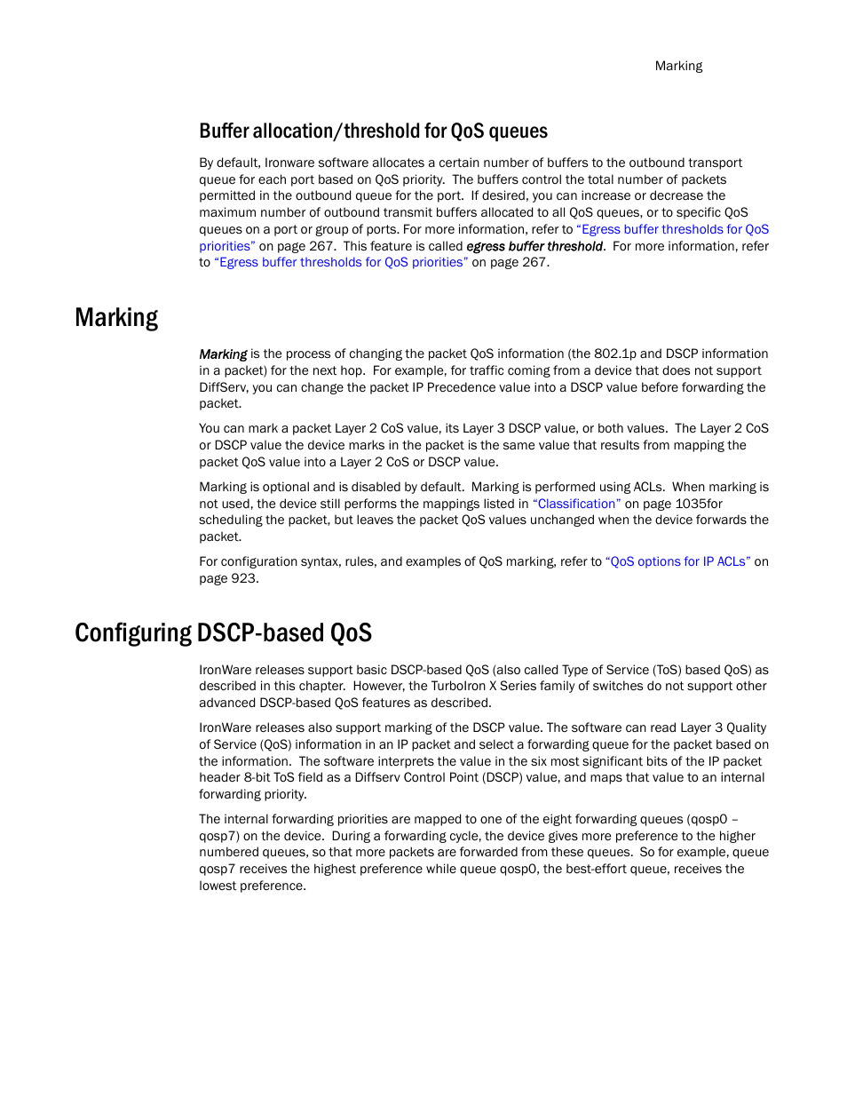 Buffer allocation/threshold for qos queues, Marking, Configuring dscp-based qos | Marking 1, Configuring dscp-based qos 1 | Brocade TurboIron 24X Series Configuration Guide User Manual | Page 1075 / 1116