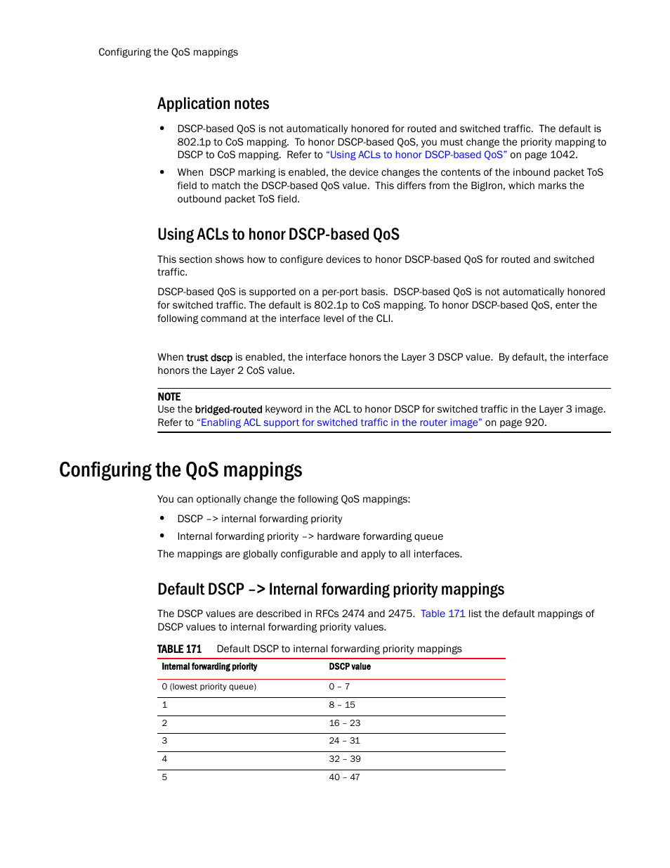 Application notes, Using acls to honor dscp-based qos, Configuring the qos mappings | Configuring the qos mappings 2 | Brocade TurboIron 24X Series Configuration Guide User Manual | Page 1076 / 1116