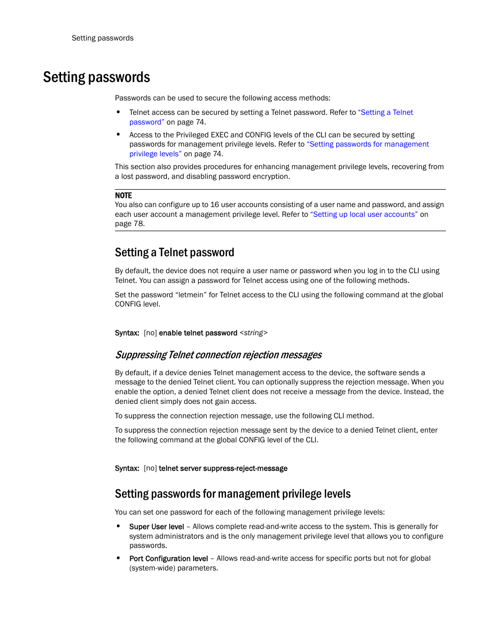 Setting passwords, Setting a telnet password, Setting passwords for management privilege levels | Suppressing telnet connection rejection messages | Brocade TurboIron 24X Series Configuration Guide User Manual | Page 108 / 1116