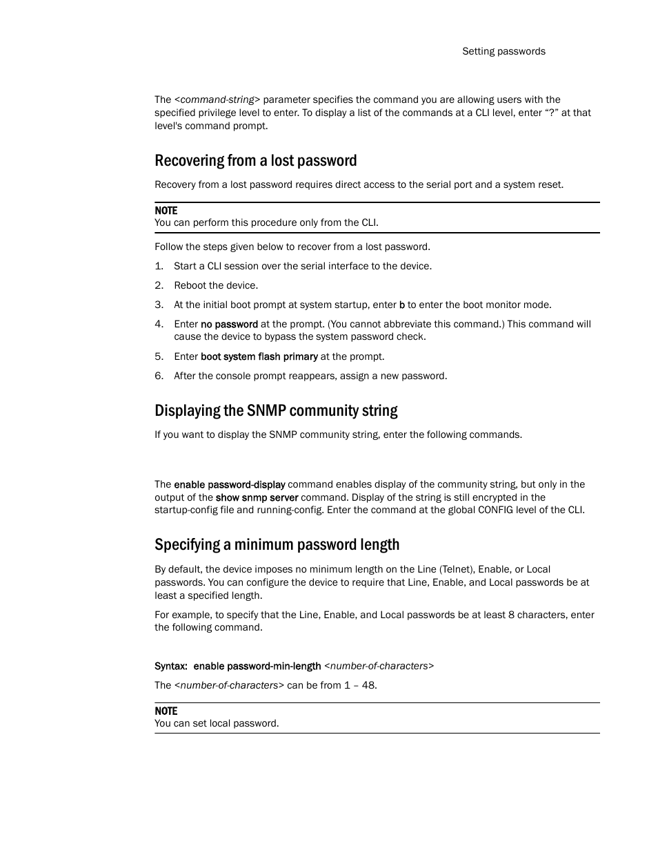 Recovering from a lost password, Displaying the snmp community string, Specifying a minimum password length | Brocade TurboIron 24X Series Configuration Guide User Manual | Page 111 / 1116