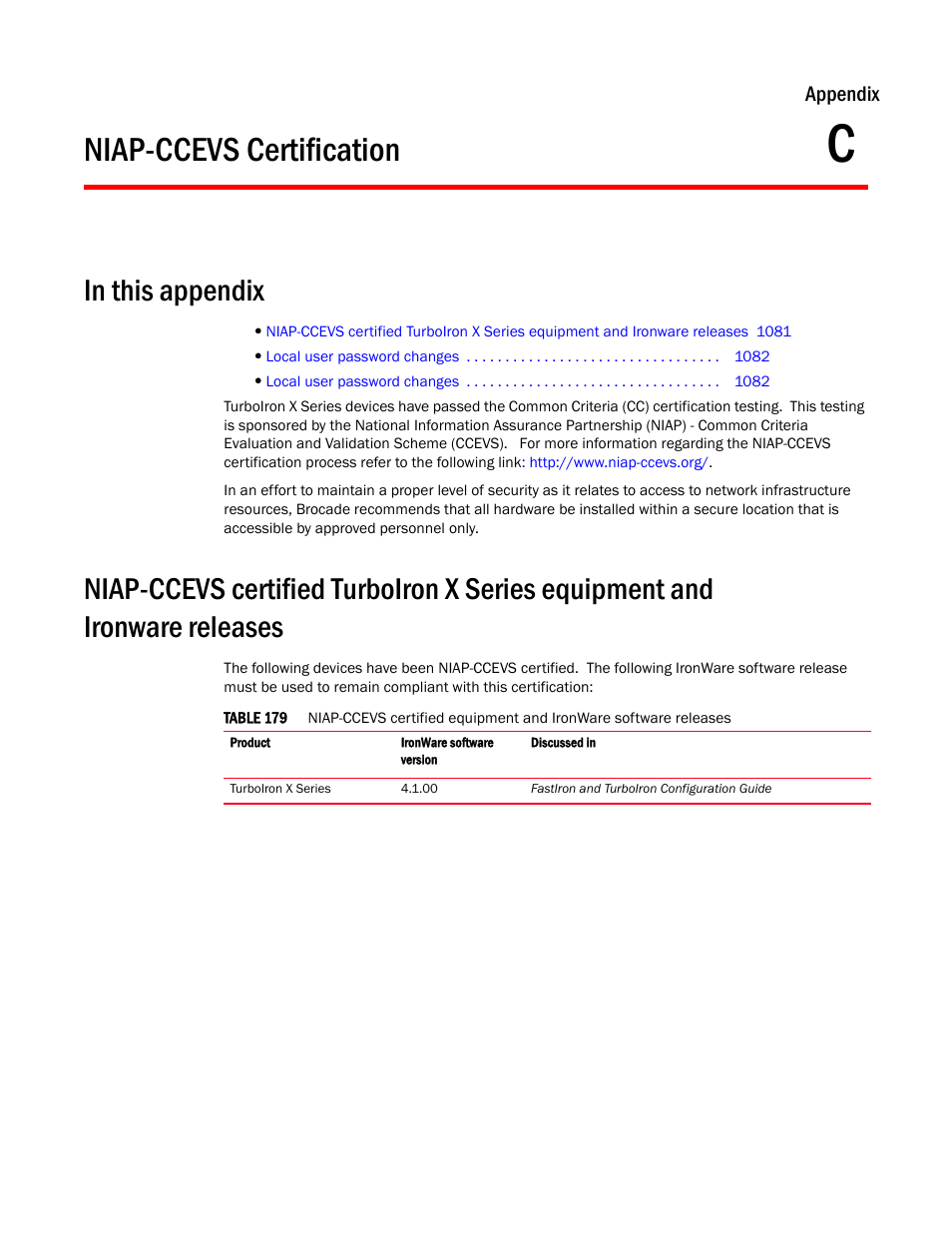 Niap-ccevs certification, Appendix c | Brocade TurboIron 24X Series Configuration Guide User Manual | Page 1115 / 1116