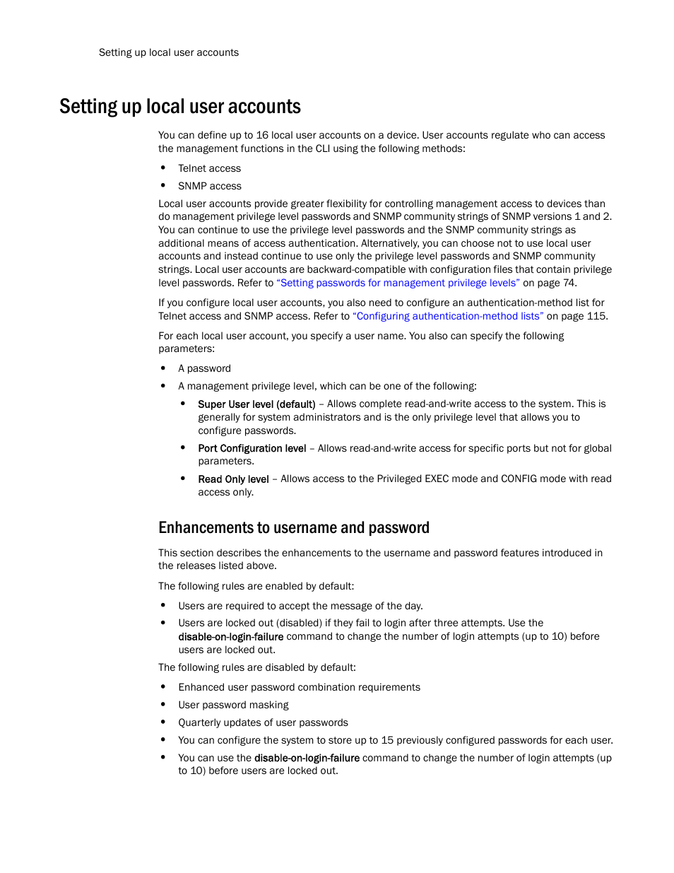 Setting up local user accounts, Enhancements to username and password | Brocade TurboIron 24X Series Configuration Guide User Manual | Page 112 / 1116