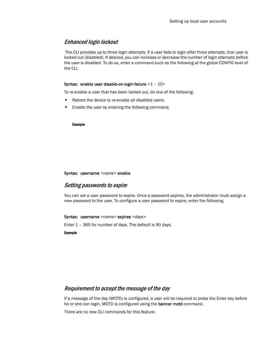 Enhanced login lockout, Setting passwords to expire, Requirement to accept the message of the day | Brocade TurboIron 24X Series Configuration Guide User Manual | Page 115 / 1116