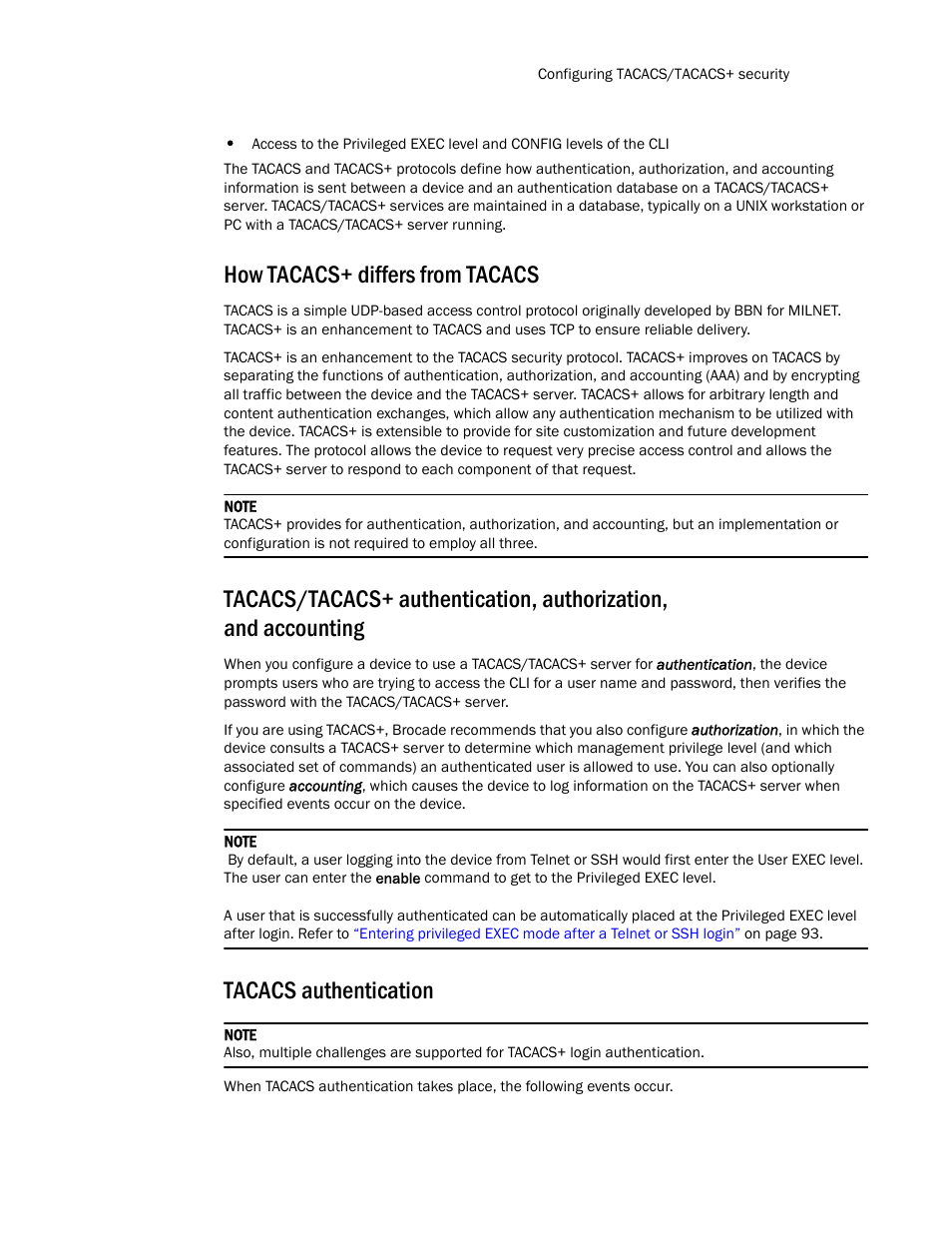 How tacacs+ differs from tacacs, Tacacs authentication | Brocade TurboIron 24X Series Configuration Guide User Manual | Page 119 / 1116