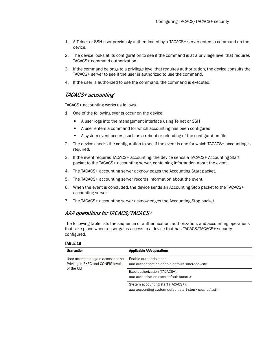 Tacacs+ accounting, Aaa operations for tacacs/tacacs | Brocade TurboIron 24X Series Configuration Guide User Manual | Page 121 / 1116