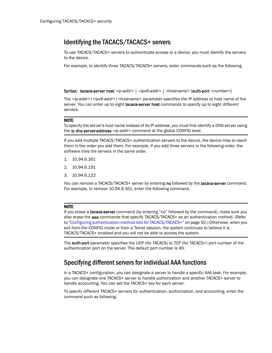 Identifying the tacacs/tacacs+ servers | Brocade TurboIron 24X Series Configuration Guide User Manual | Page 124 / 1116