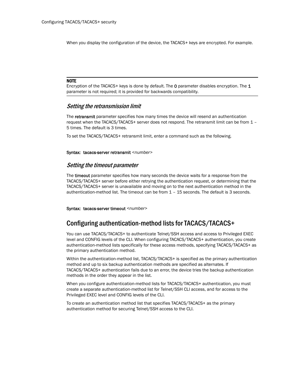 Configuring authentication-method lists for, Tacacs/tacacs, Setting the retransmission limit | Setting the timeout parameter | Brocade TurboIron 24X Series Configuration Guide User Manual | Page 126 / 1116