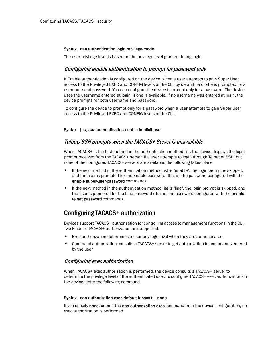 Configuring tacacs+ authorization, Configuring exec authorization | Brocade TurboIron 24X Series Configuration Guide User Manual | Page 128 / 1116