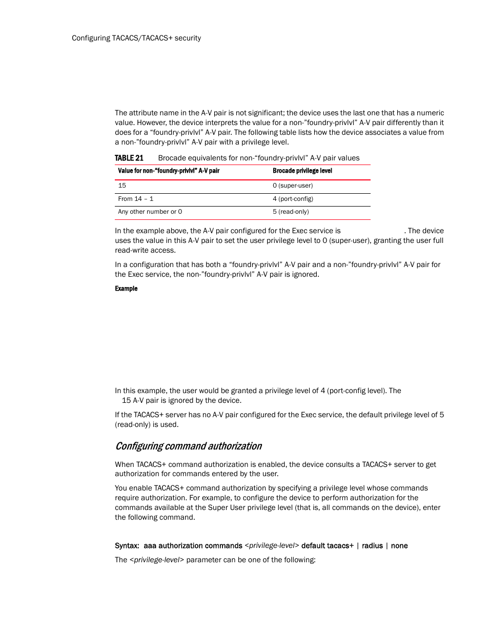 Configuring command authorization | Brocade TurboIron 24X Series Configuration Guide User Manual | Page 130 / 1116
