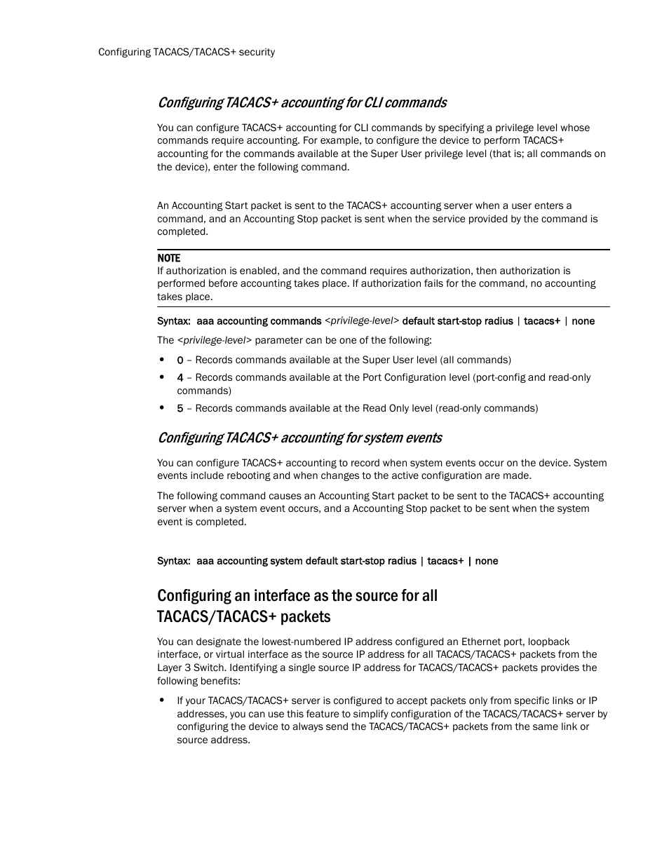 Configuring tacacs+ accounting for cli commands, Configuring tacacs+ accounting for system events | Brocade TurboIron 24X Series Configuration Guide User Manual | Page 132 / 1116