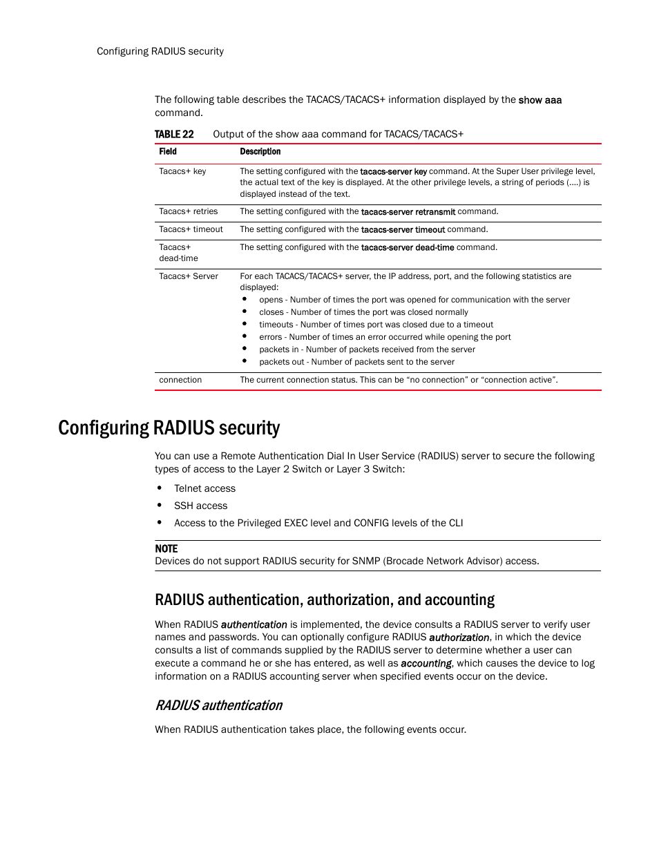 Configuring radius security, Radius authentication | Brocade TurboIron 24X Series Configuration Guide User Manual | Page 134 / 1116