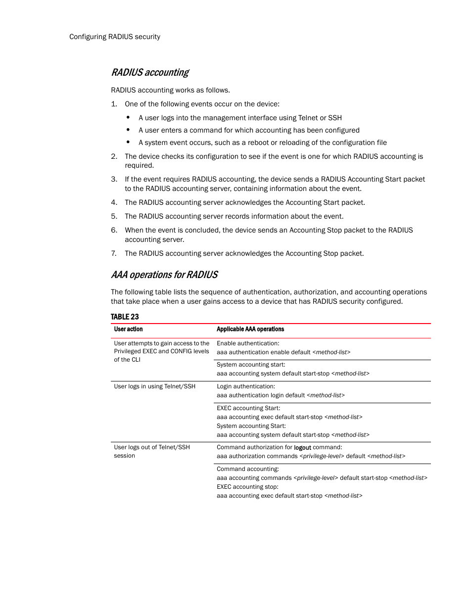 Radius accounting, Aaa operations for radius | Brocade TurboIron 24X Series Configuration Guide User Manual | Page 136 / 1116