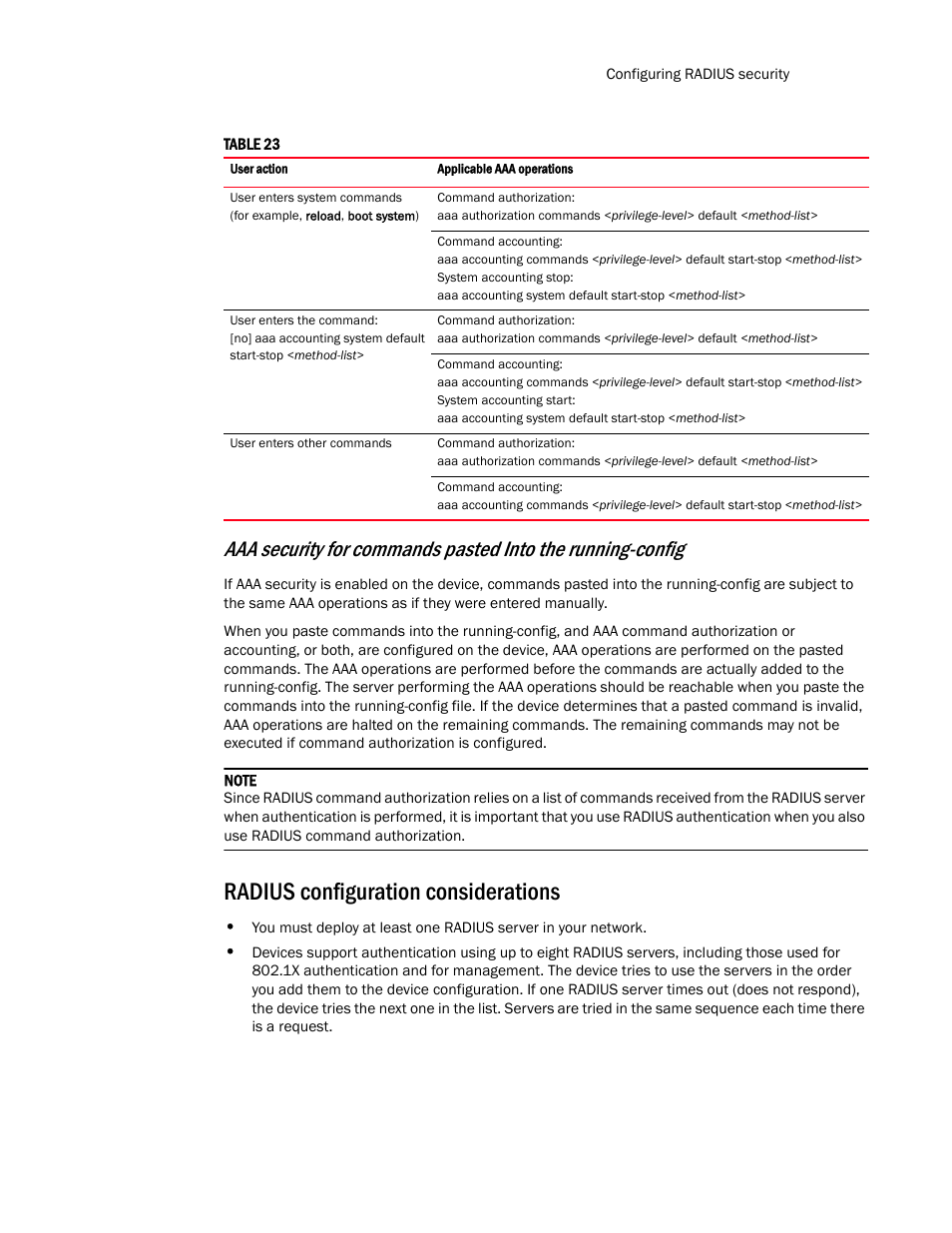 Radius configuration considerations | Brocade TurboIron 24X Series Configuration Guide User Manual | Page 137 / 1116