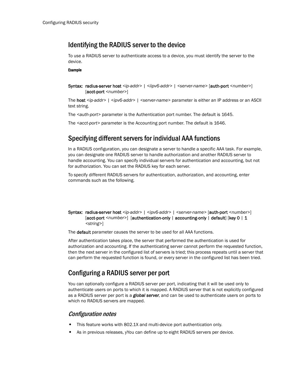 Identifying the radius server to the device, Configuring a radius server per port, Specifying different | Servers for individual aaa functions, Configuring a radius, Server per port | Brocade TurboIron 24X Series Configuration Guide User Manual | Page 140 / 1116