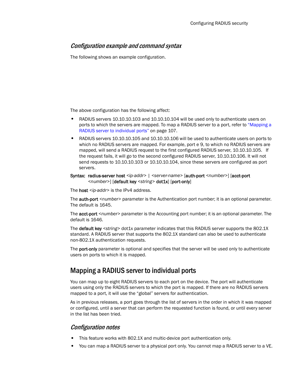 Mapping a radius server to individual ports, Mapping a radius server, To individual ports | Configuration example and command syntax | Brocade TurboIron 24X Series Configuration Guide User Manual | Page 141 / 1116