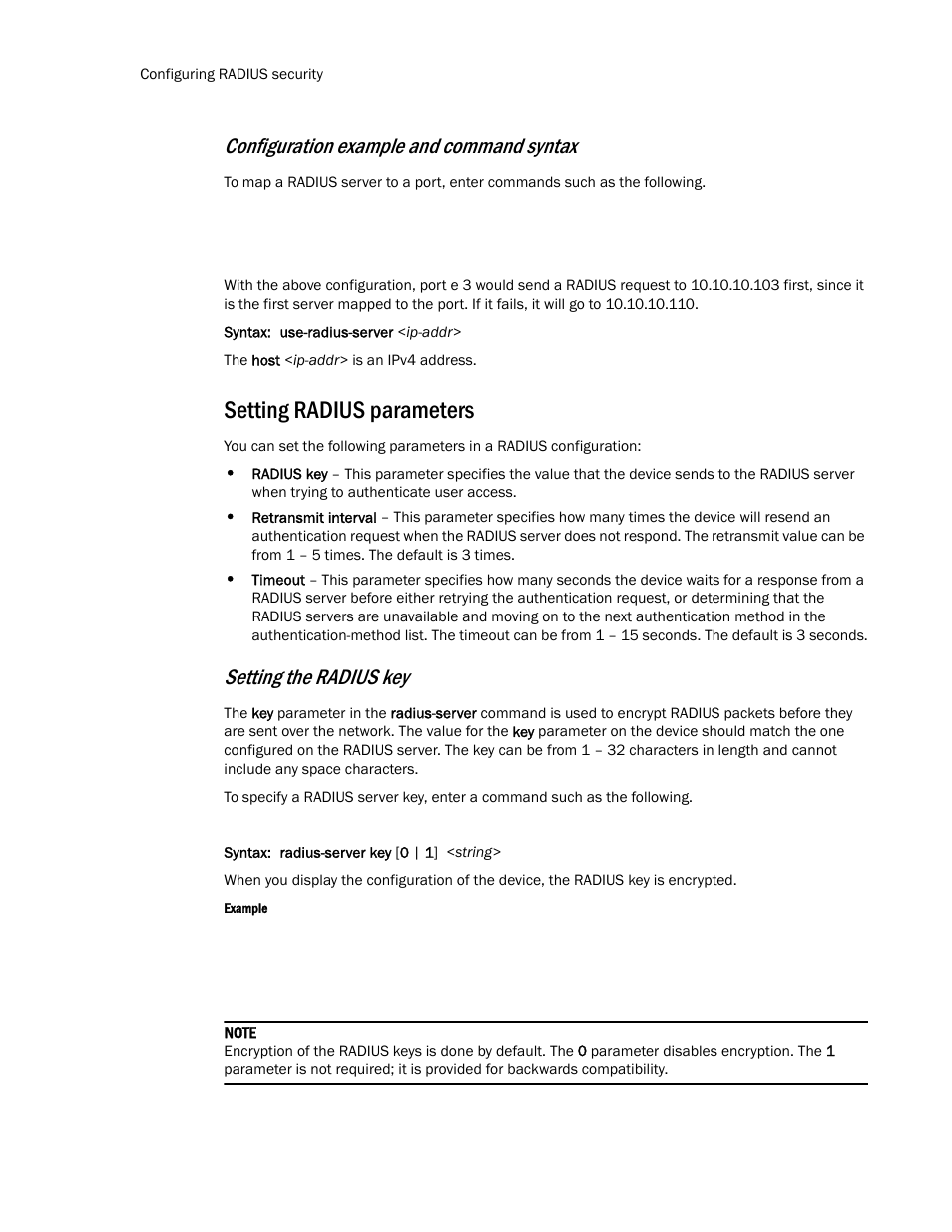 Setting radius parameters, Configuration example and command syntax, Setting the radius key | Brocade TurboIron 24X Series Configuration Guide User Manual | Page 142 / 1116