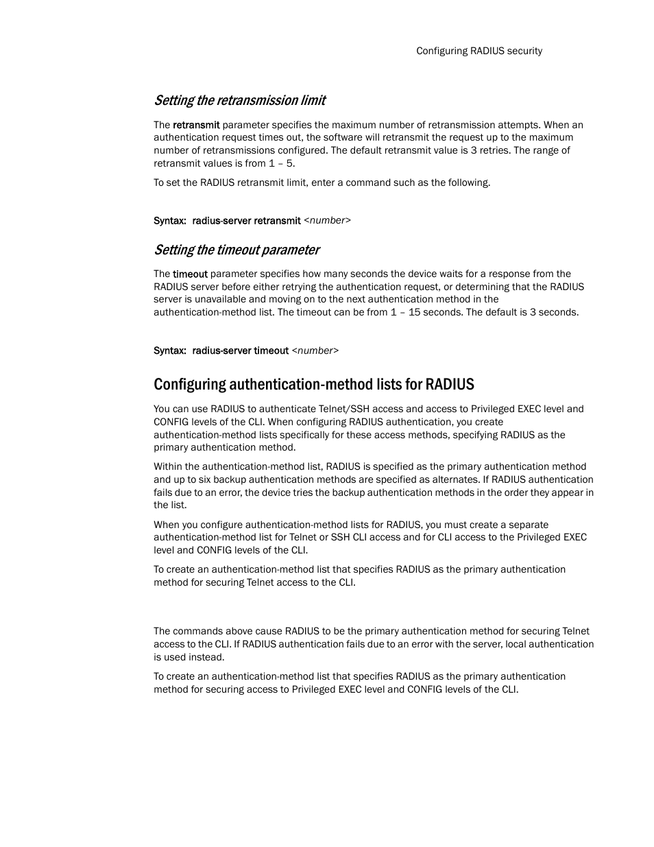 Configuring authentication-method lists for radius, Configuring authentication-method lists for, Radius | Setting the retransmission limit, Setting the timeout parameter | Brocade TurboIron 24X Series Configuration Guide User Manual | Page 143 / 1116