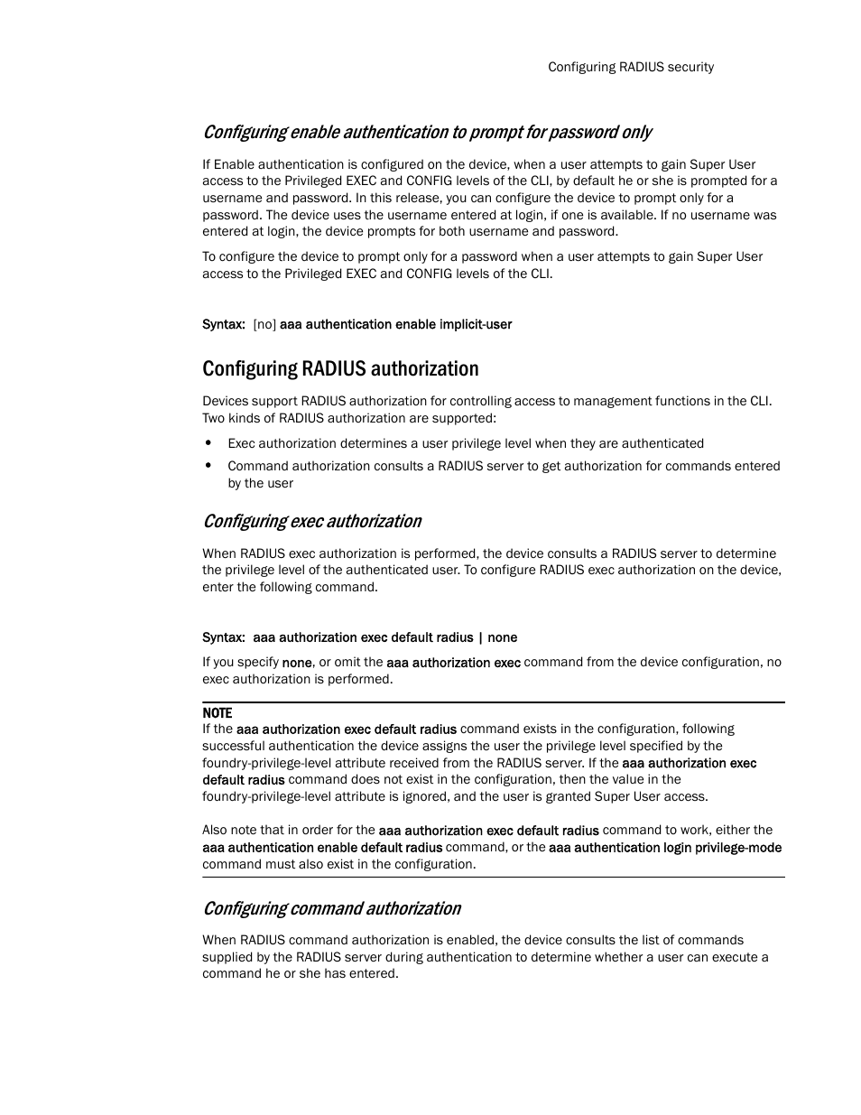 Configuring radius authorization, Configuring exec authorization, Configuring command authorization | Brocade TurboIron 24X Series Configuration Guide User Manual | Page 145 / 1116