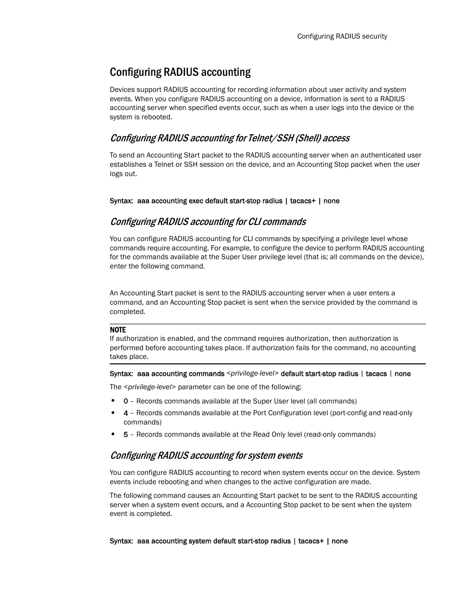 Configuring radius accounting, Configuring radius accounting for cli commands, Configuring radius accounting for system events | Brocade TurboIron 24X Series Configuration Guide User Manual | Page 147 / 1116