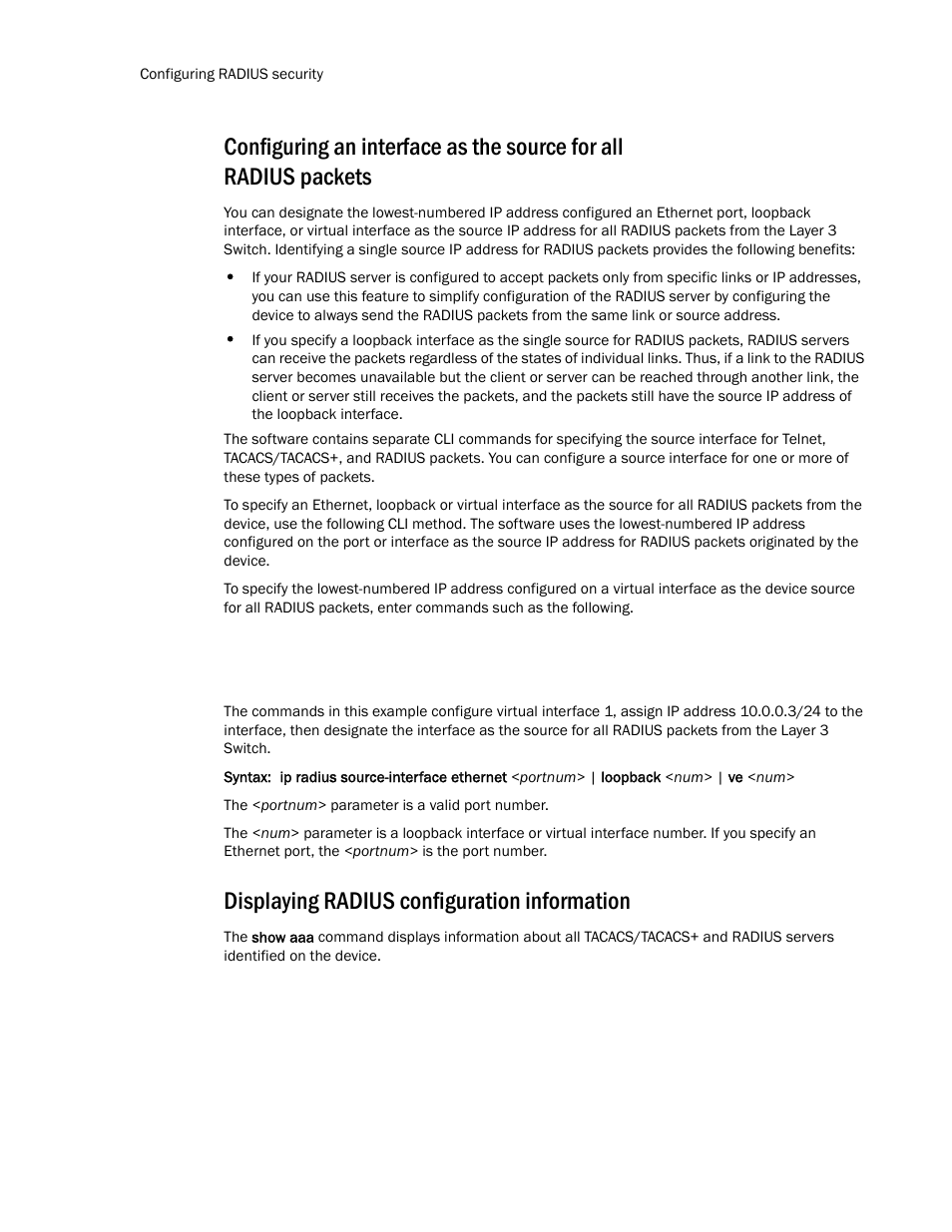 Displaying radius configuration information | Brocade TurboIron 24X Series Configuration Guide User Manual | Page 148 / 1116