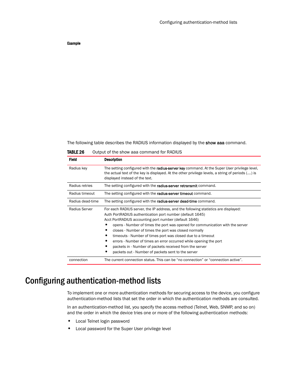 Configuring authentication-method lists, Configuring, Authentication-method lists | Brocade TurboIron 24X Series Configuration Guide User Manual | Page 149 / 1116
