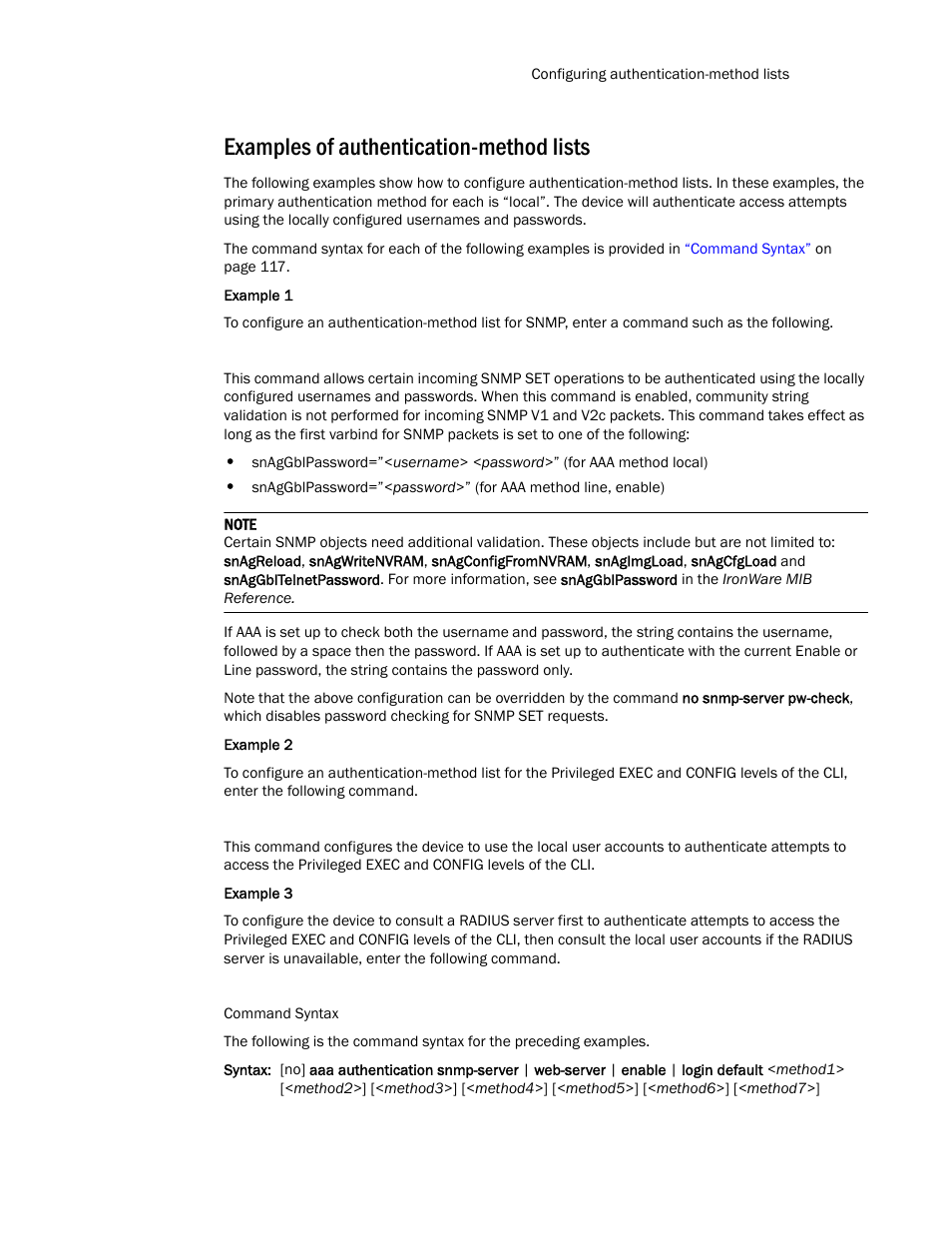 Examples of authentication-method lists | Brocade TurboIron 24X Series Configuration Guide User Manual | Page 151 / 1116