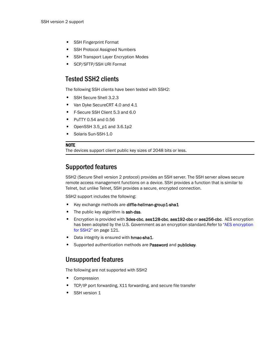 Tested ssh2 clients, Supported features, Unsupported features | Brocade TurboIron 24X Series Configuration Guide User Manual | Page 154 / 1116