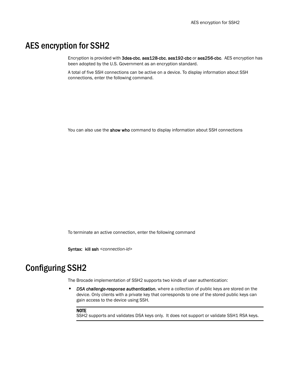 Aes encryption for ssh2, Configuring ssh2, Aes encryption | For ssh2 | Brocade TurboIron 24X Series Configuration Guide User Manual | Page 155 / 1116