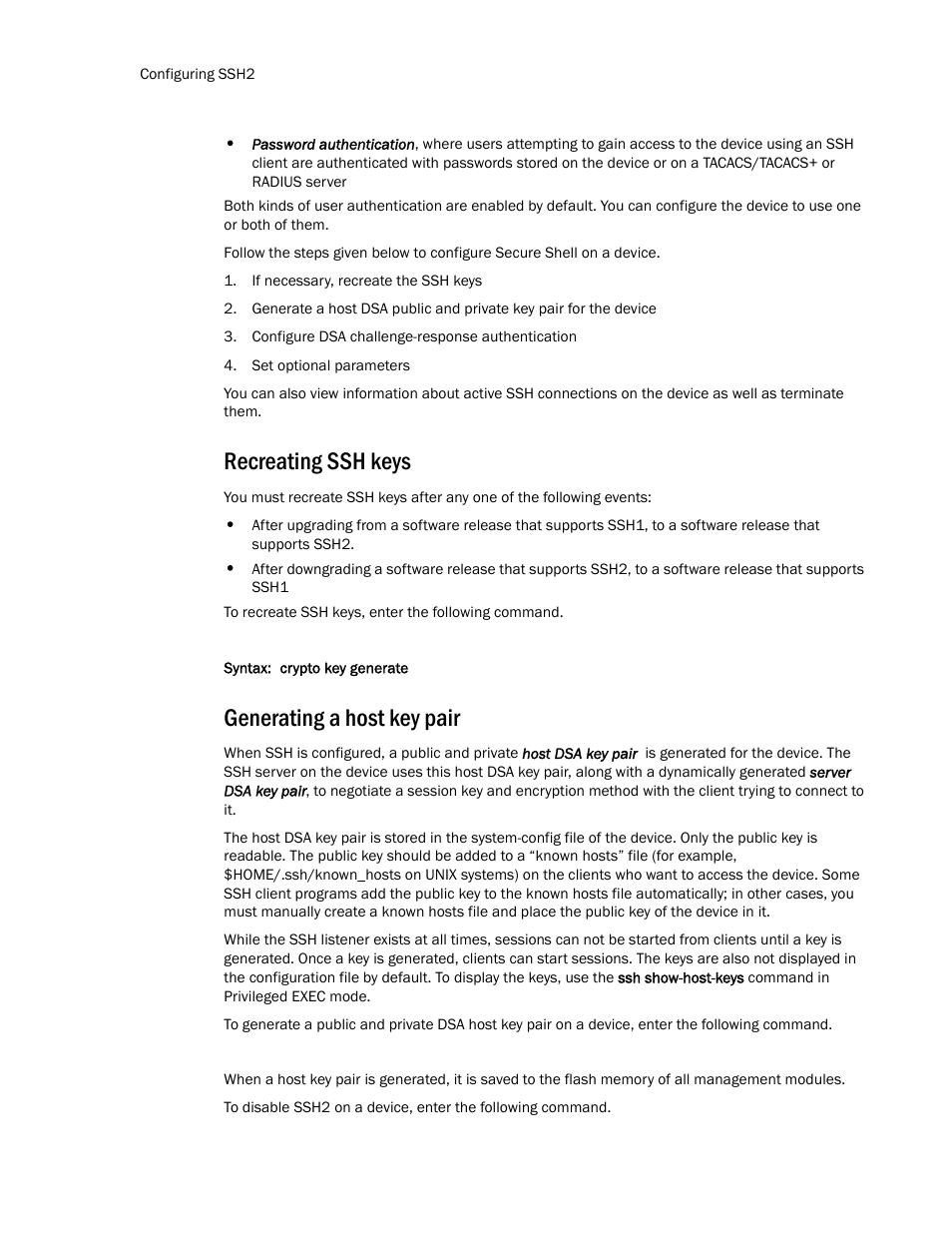 Recreating ssh keys, Generating a host key pair | Brocade TurboIron 24X Series Configuration Guide User Manual | Page 156 / 1116