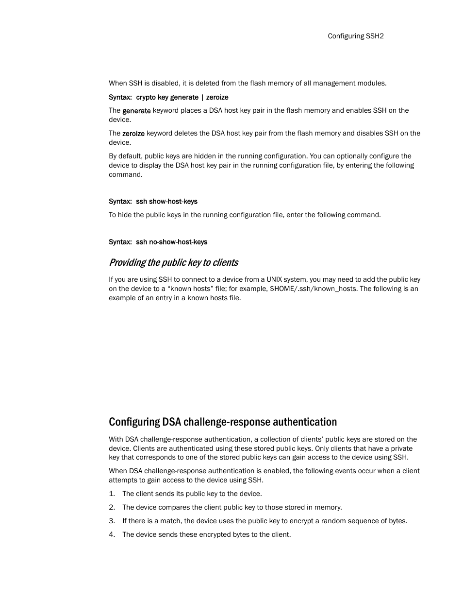 Configuring dsa challenge-response authentication, Providing the public key to clients | Brocade TurboIron 24X Series Configuration Guide User Manual | Page 157 / 1116