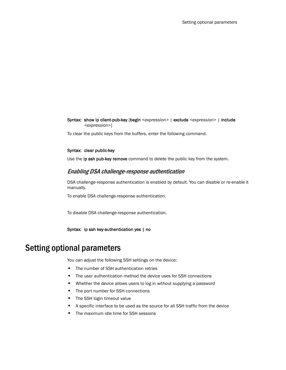 Setting optional parameters, Enabling dsa challenge-response authentication | Brocade TurboIron 24X Series Configuration Guide User Manual | Page 159 / 1116
