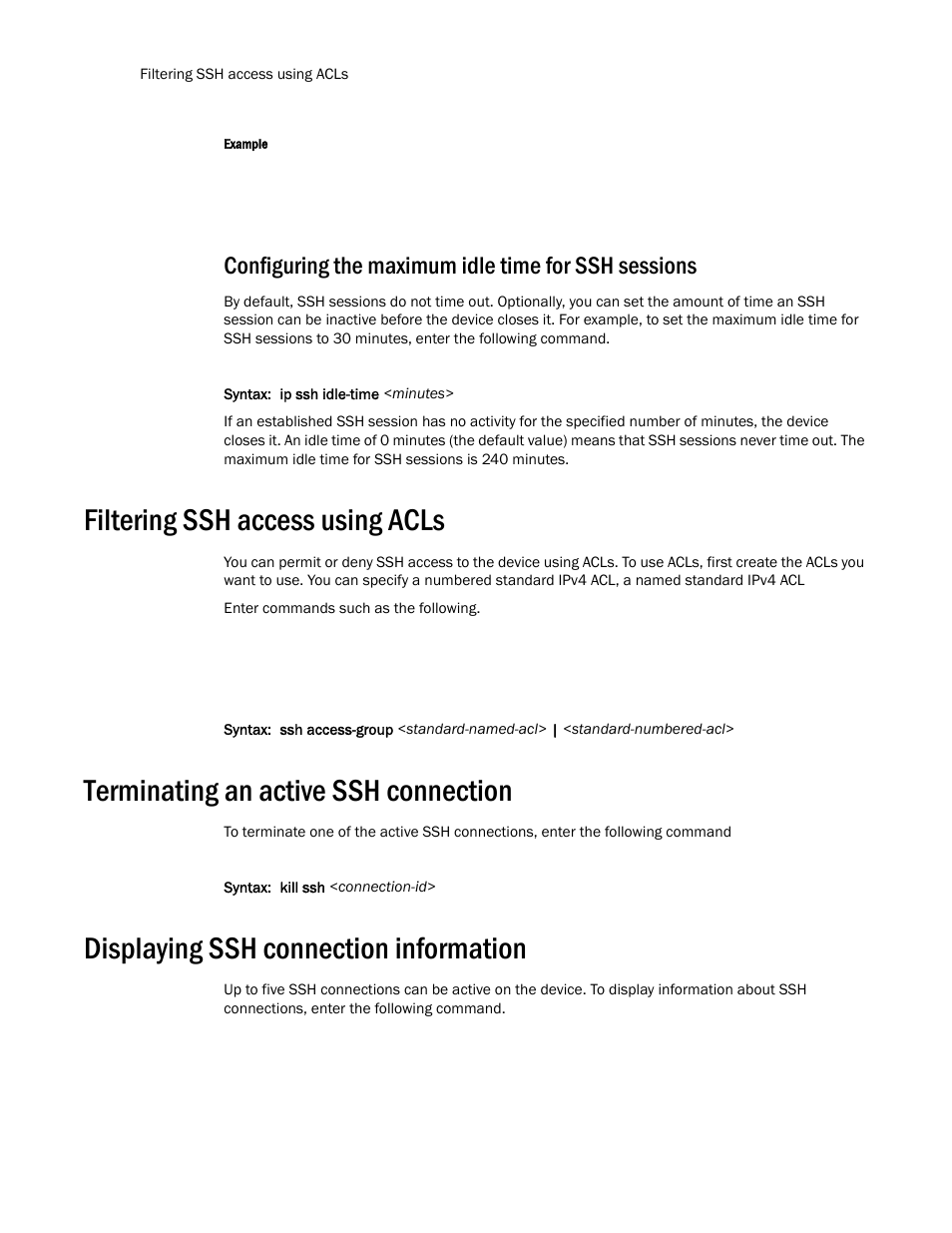 Configuring the maximum idle time for ssh sessions, Filtering ssh access using acls, Terminating an active ssh connection | Displaying ssh connection information | Brocade TurboIron 24X Series Configuration Guide User Manual | Page 162 / 1116